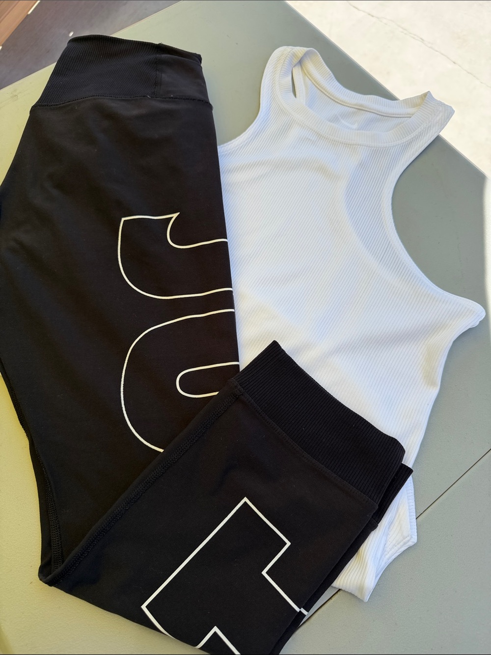 Nike Black & White Logo Leggings and White Ribbed Tank Set